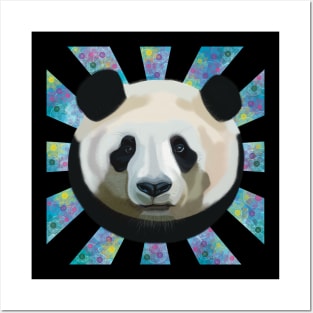 Striking Panda bear on Blue Bubble patterned sun rays Posters and Art